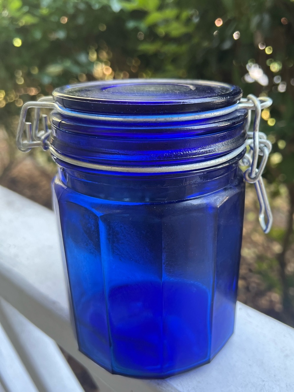 Cobalt Blue Paneled Glass Storage Jar - Wire Bale Hinged Locking Lid